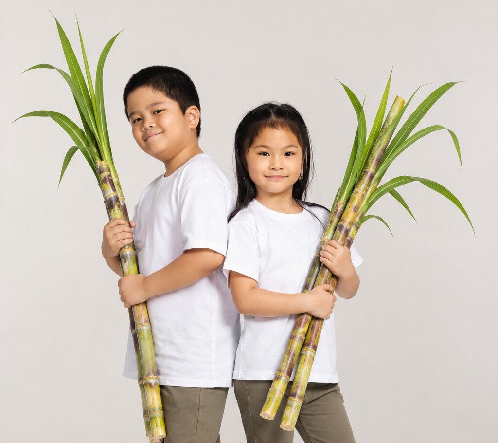 Two children holding fresh sugarcane stalks with leaves