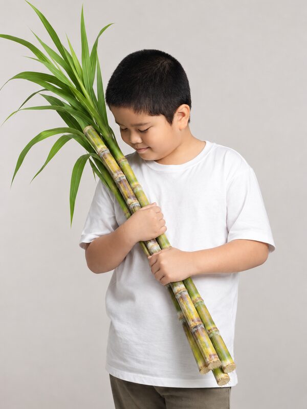 A boy holding a bundle of fresh sugarcane